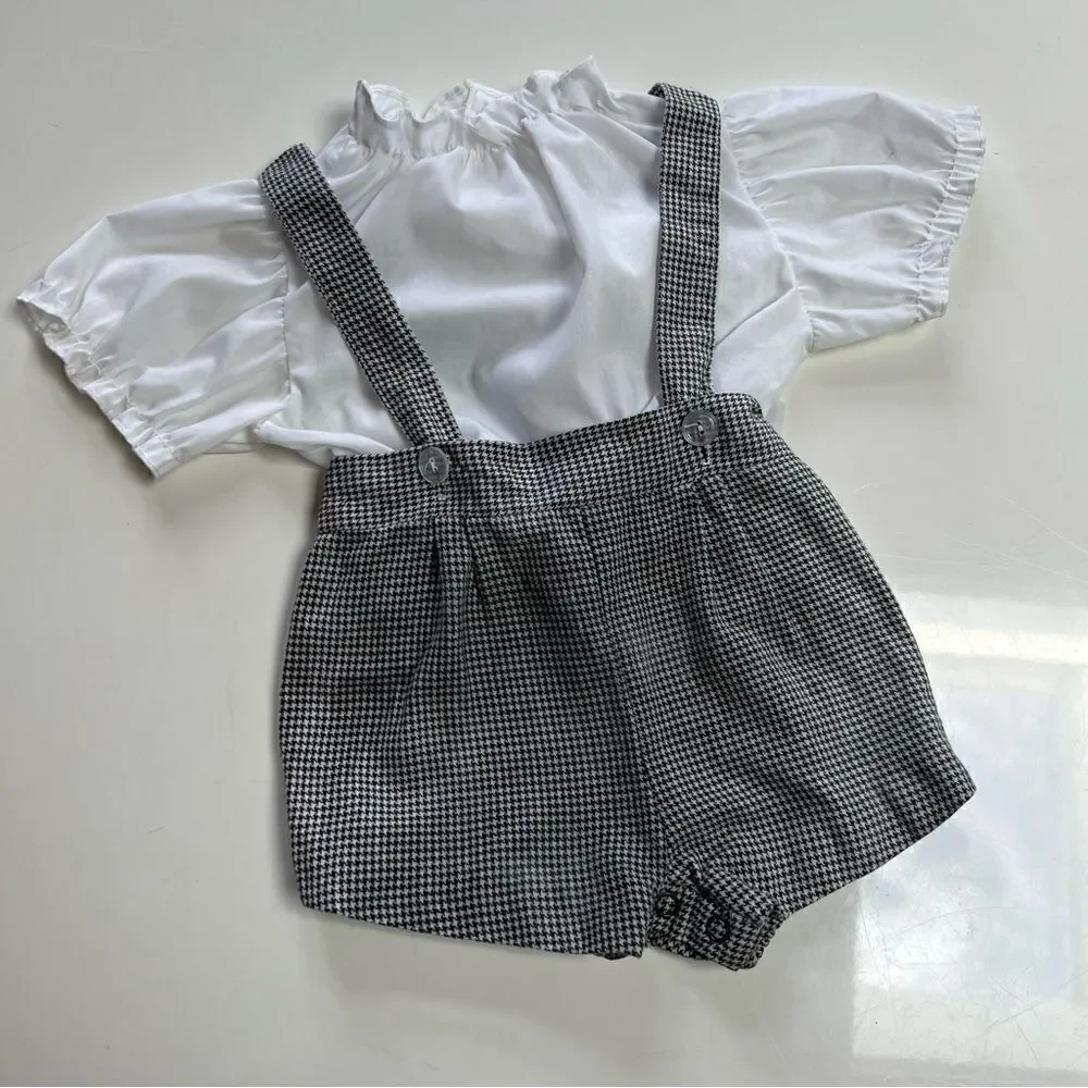 Charming Vintage Unisex Baby Classic Houndstooth Suspender Overall Shorts Romper